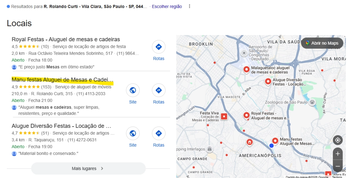 Captura de resultados locais do Google para aluguel de mesas e cadeiras na zona sul de São Paulo