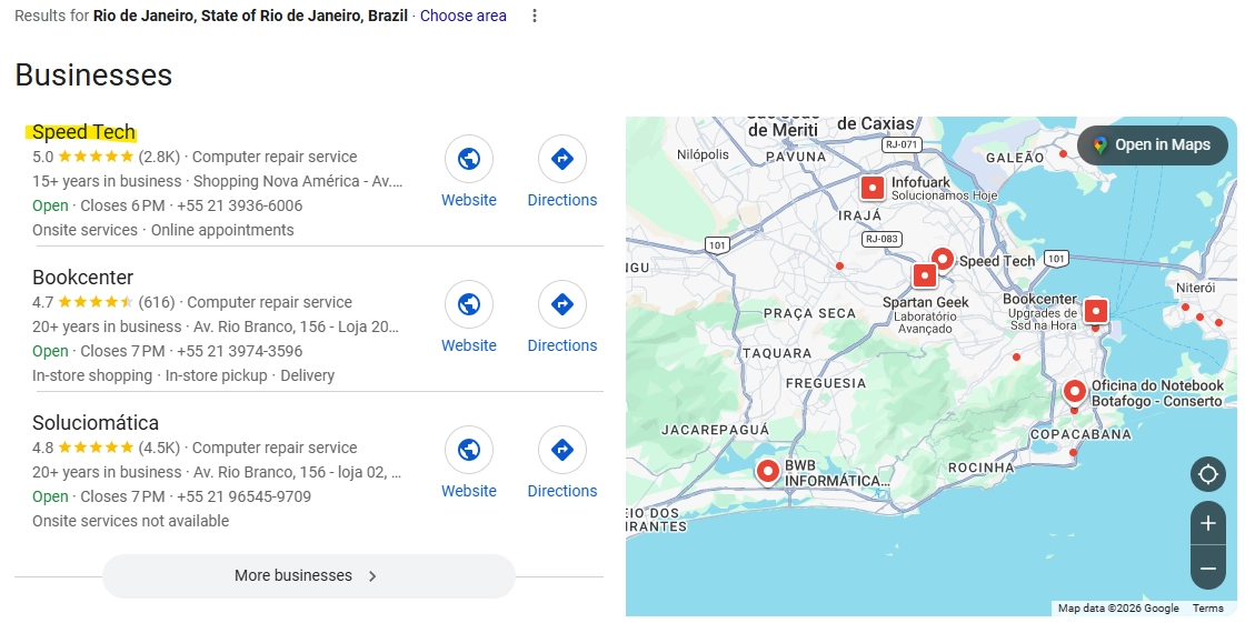Captura de resultados locais do Google para conserto de notebooks no Rio de Janeiro