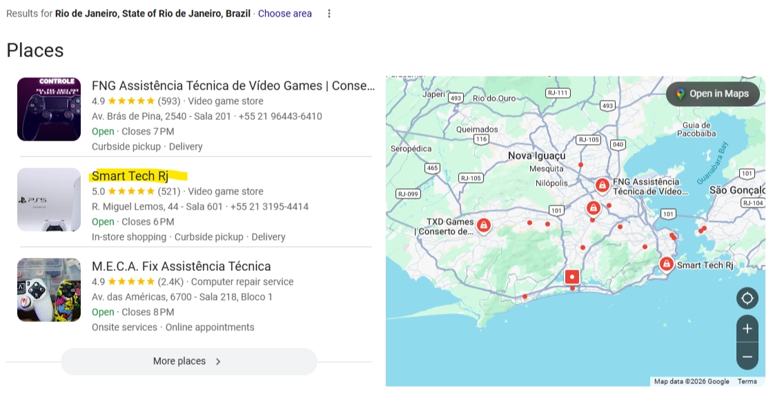 Captura de resultados locais do Google para conserto de videogames no Rio de Janeiro