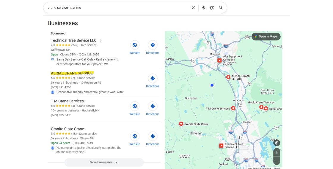 Captura de resultados locais do Google, com mapa e empresas de serviços de guindaste