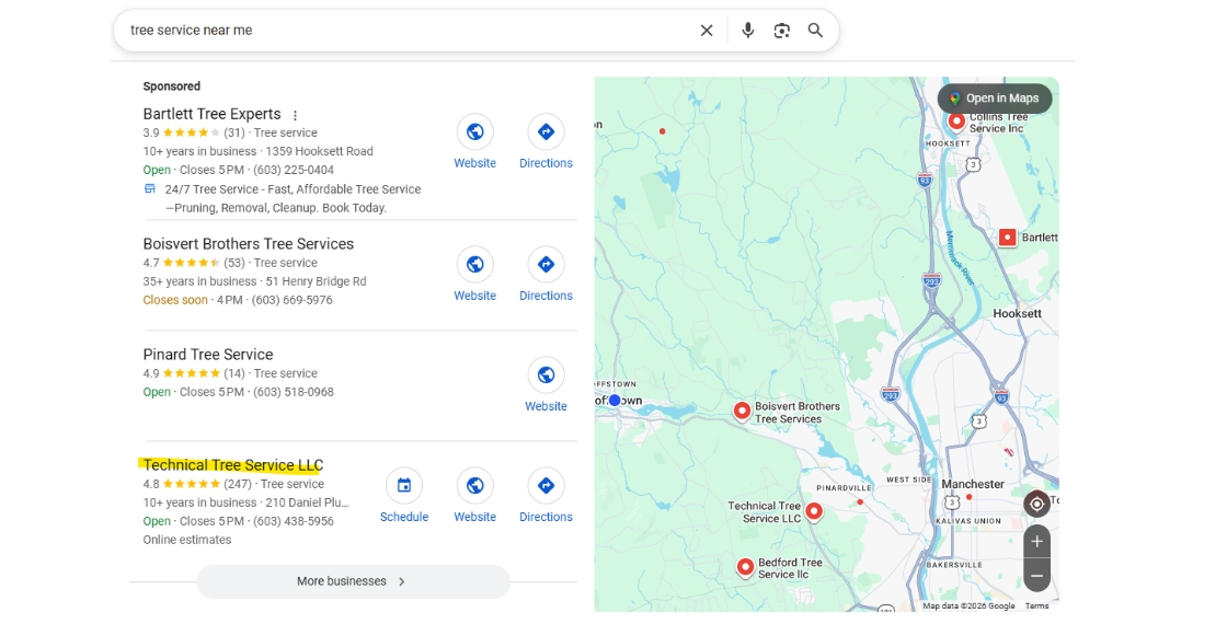 Captura de resultados locais do Google, com mapa e empresas de serviços de árvores