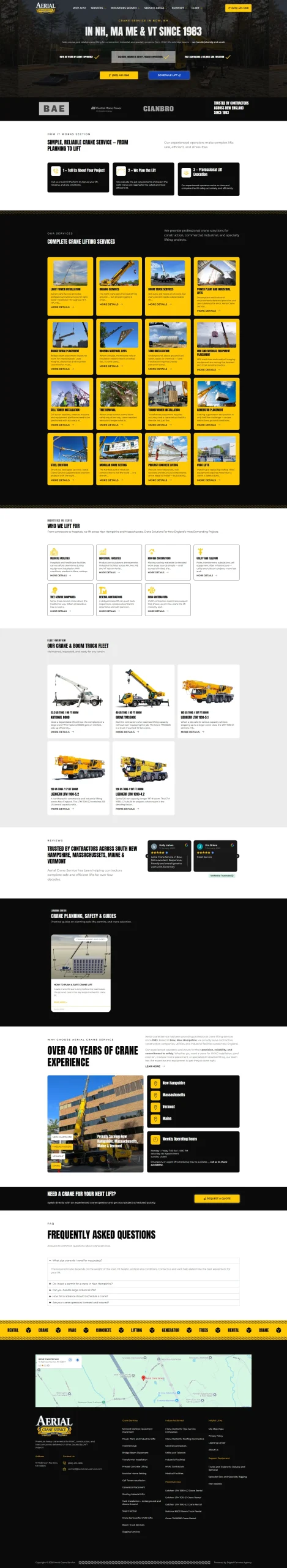 Captura da página do site Aerial Crane Service, com apresentação dos serviços de guindaste