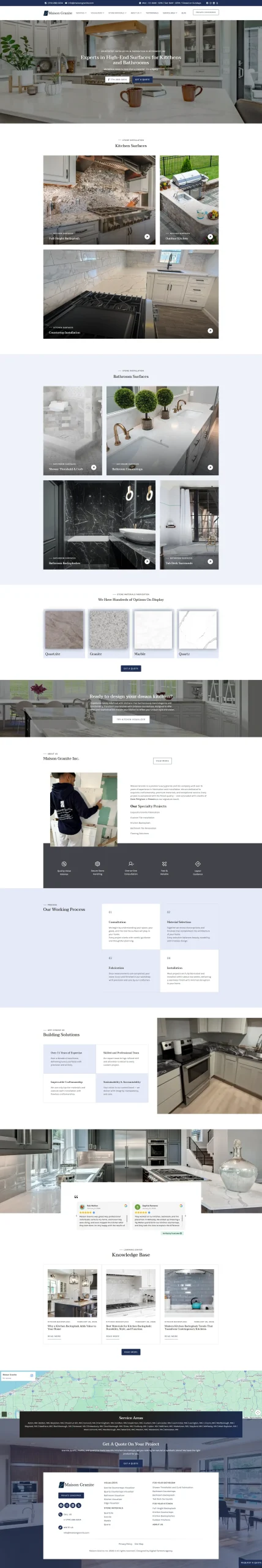 Captura da página do site Maison Granite, com apresentação de superfícies e projetos