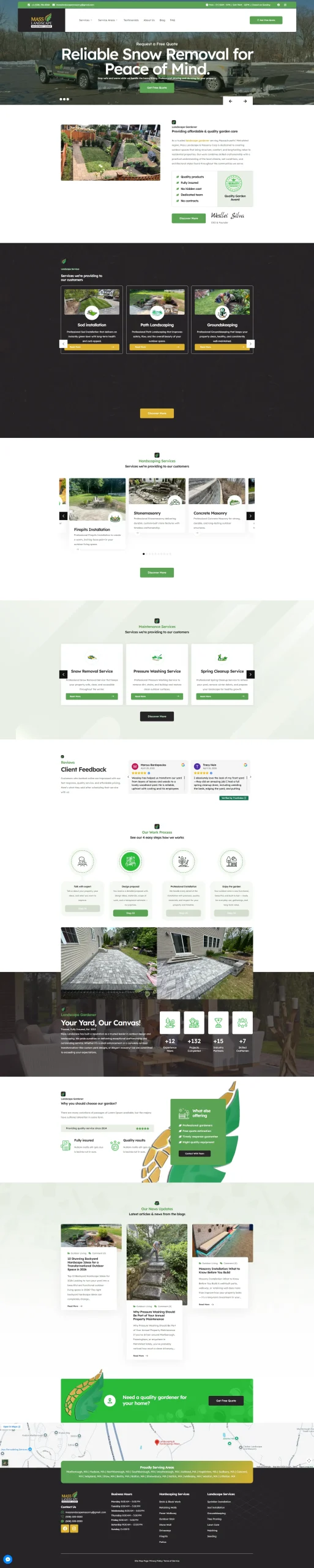 Captura da página do site Mass Landscape & Masonry, com serviços e projetos de paisagismo
