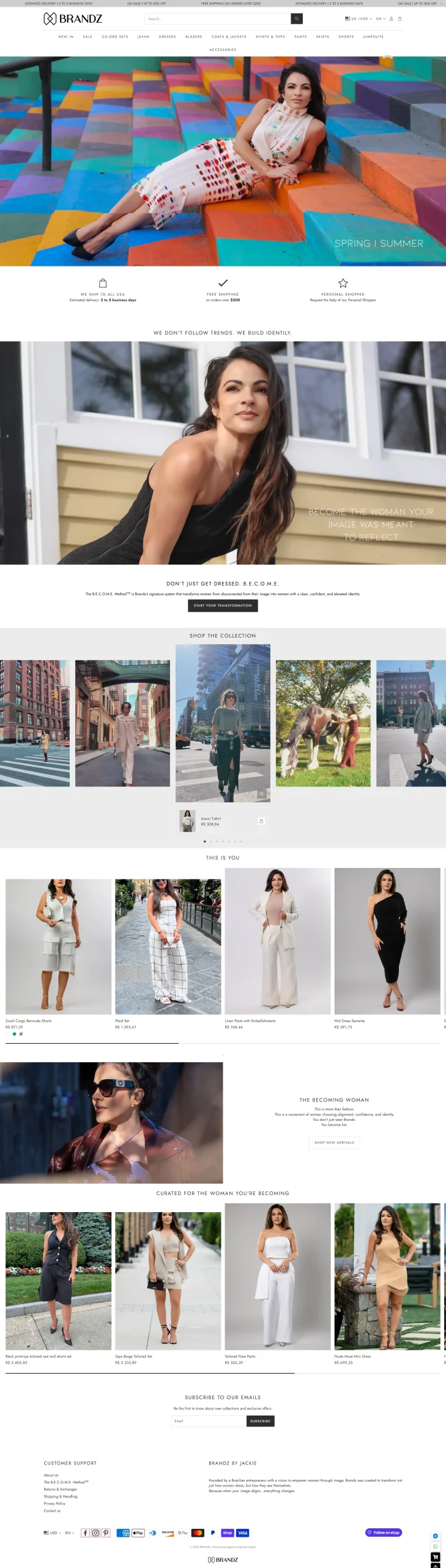 Captura da página do e-commerce Shop at Brandz, com coleções e produtos de moda