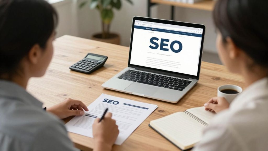 Profissionais analisam documentos em uma mesa com um notebook exibindo a sigla SEO
