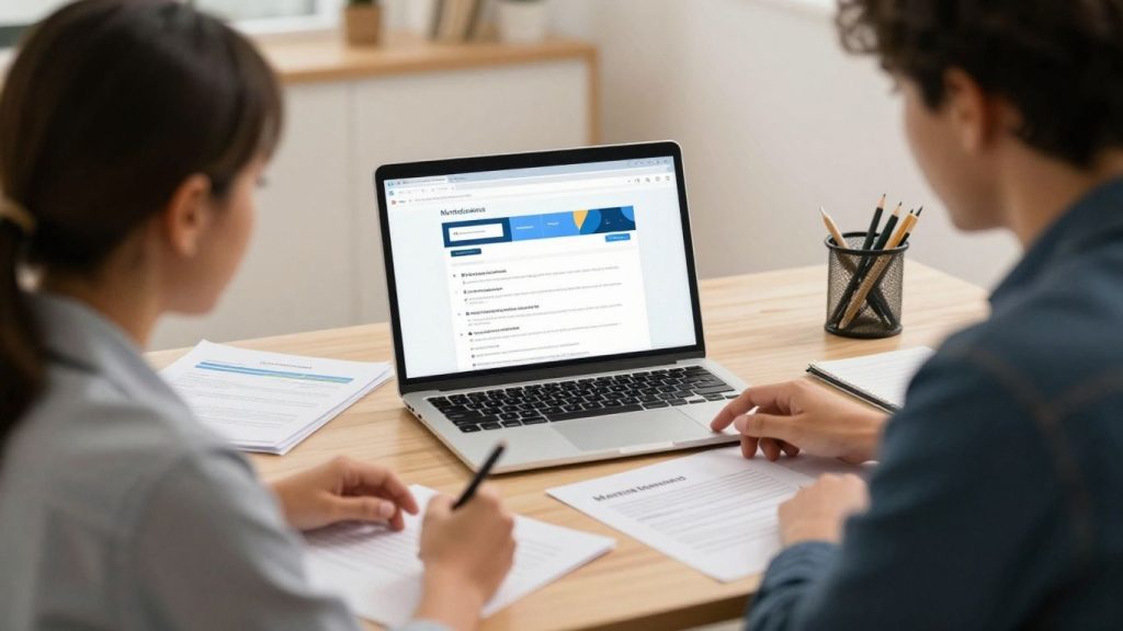 Duas pessoas analisam documentos e um notebook durante uma reunião de trabalho