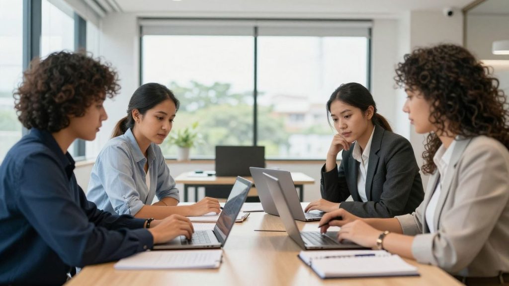 Equipe reunida ao redor de uma mesa, com notebooks e documentos de trabalho