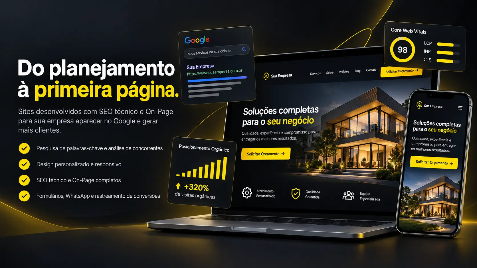 Site responsivo em notebook e celular, com pesquisa no Google e indicadores ilustrativos de desempenho.