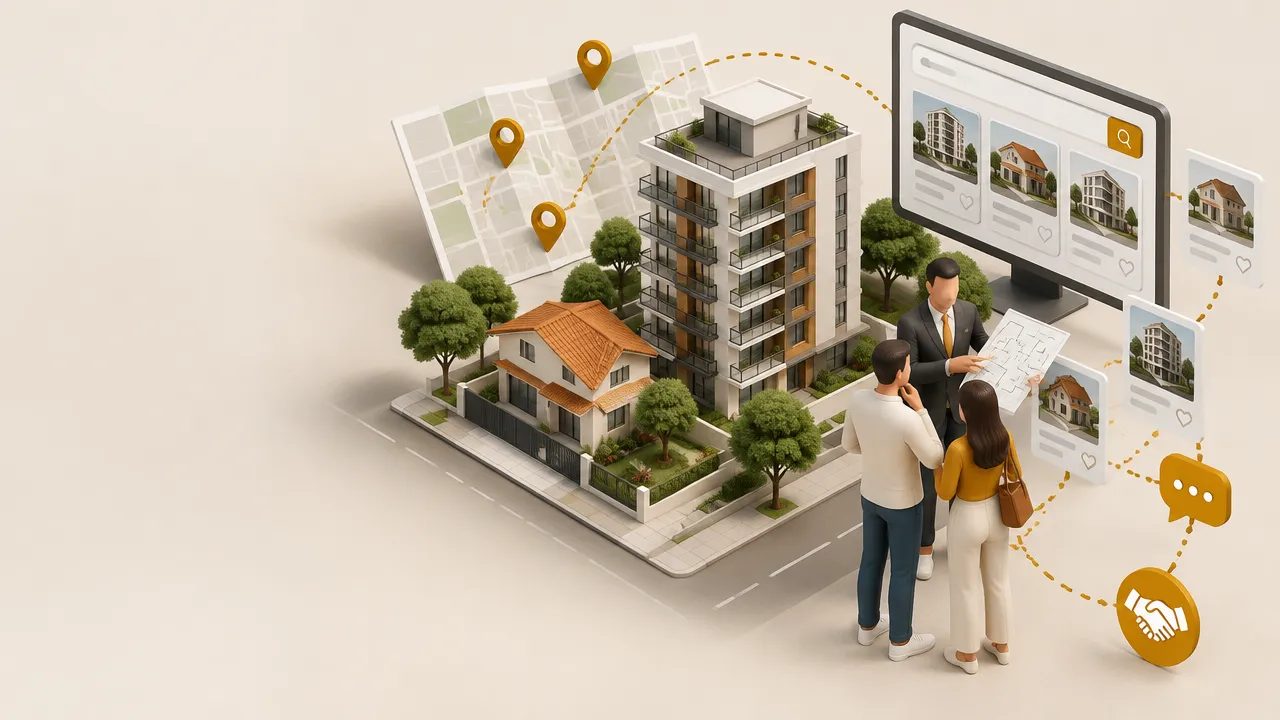 Ilustração isométrica de imóveis, mapa digital e potenciais compradores conectados por uma estratégia de marketing imobiliário.