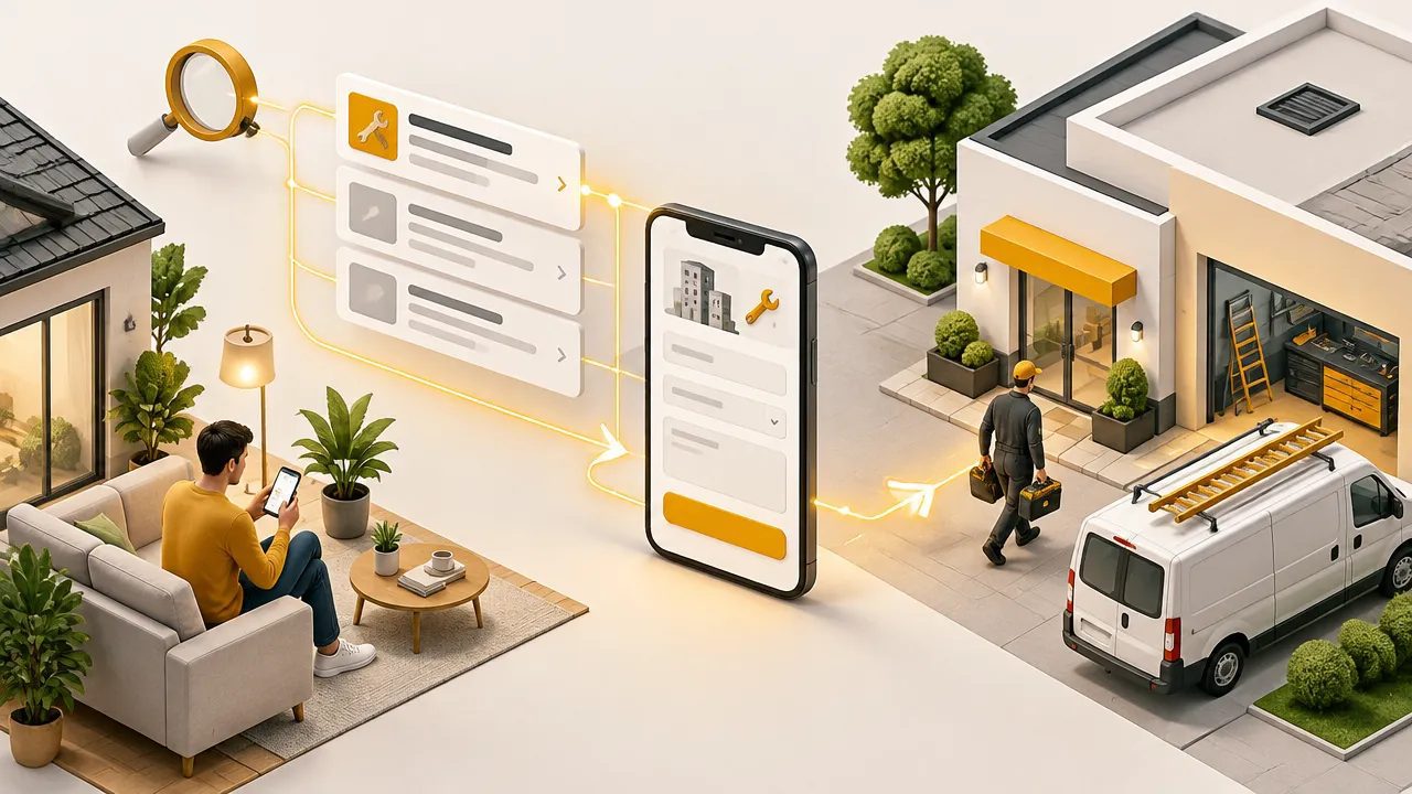 Ilustração isométrica de uma busca online conectando um anúncio de serviço local a um pedido de orçamento