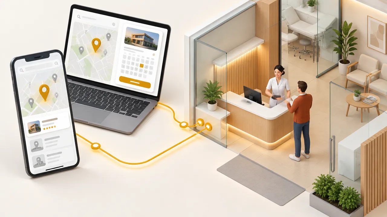 Ilustração isométrica de uma clínica conectando buscas locais online a novos agendamentos
