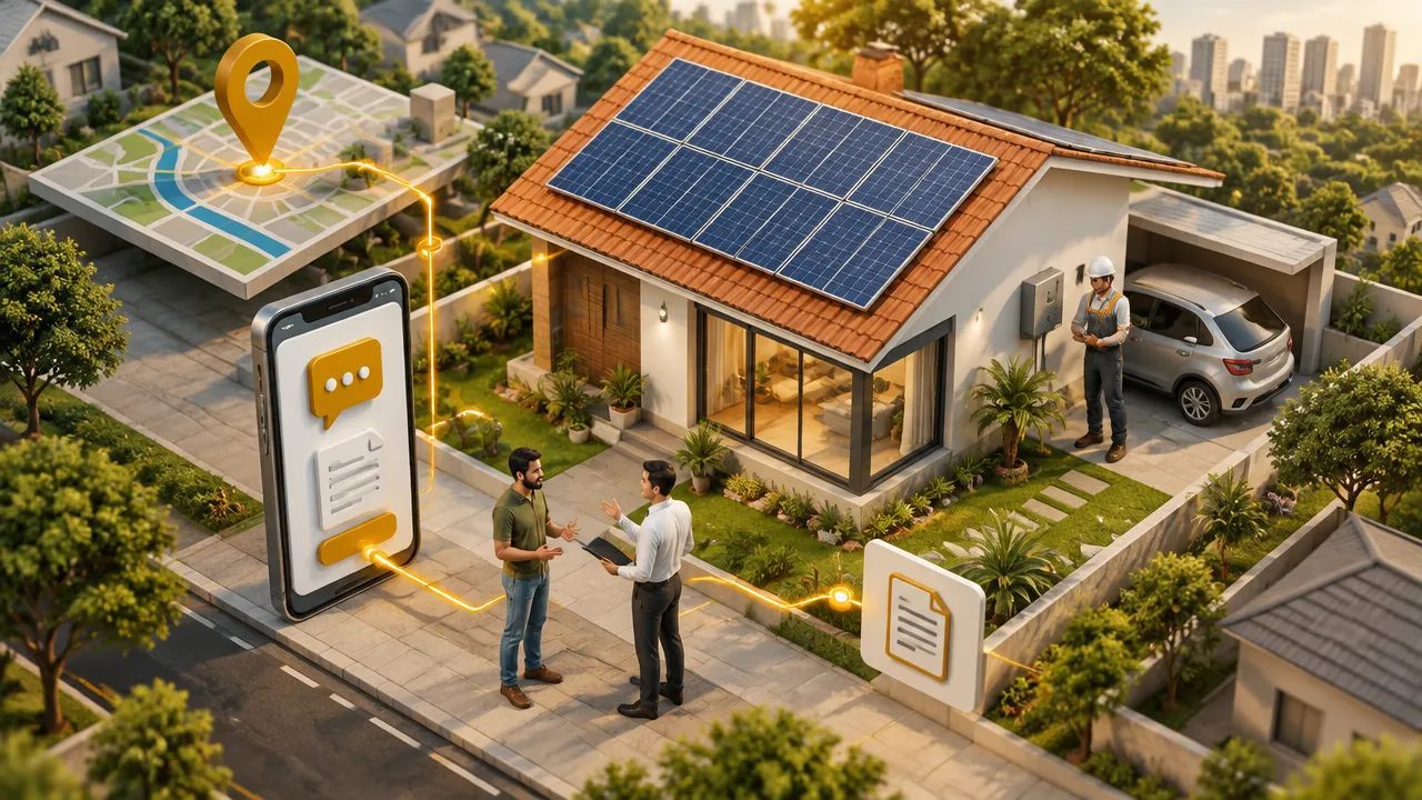 Ilustração isométrica de uma empresa de energia solar conectando busca local, anúncios e conversas com potenciais clientes