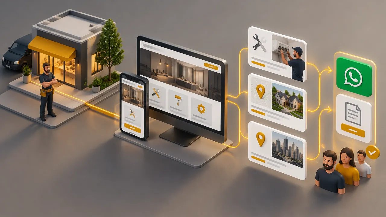 Site de empresa local conectado a páginas de serviços e regiões, com contatos chegando pelo celular