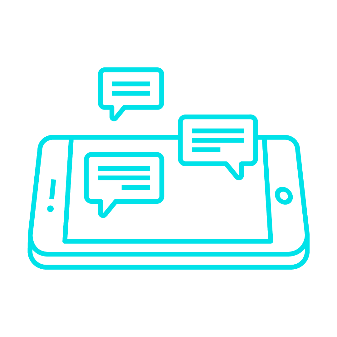 Ícone turquesa de um celular com balões de conversa