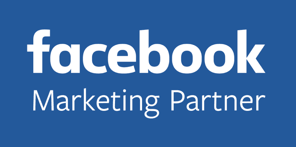 Selo Facebook Marketing Partner em branco sobre fundo azul