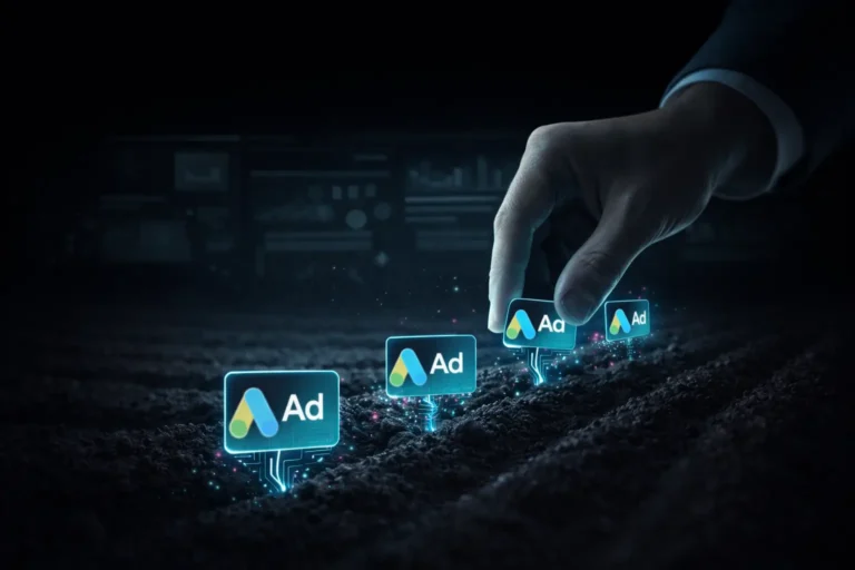 Mão aponta para ícones luminosos de anúncios em uma interface digital