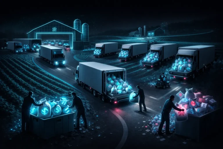 Ilustração digital de estações conectadas e painéis luminosos em azul